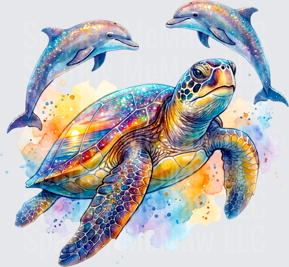 Cosmic Galaxy Sea Turtle and Dolphins Watercolor UV DTF Decal