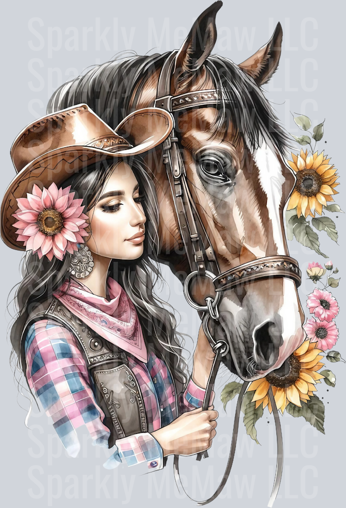 cowgirl with horse 2 Clip Art UV DTF Decal