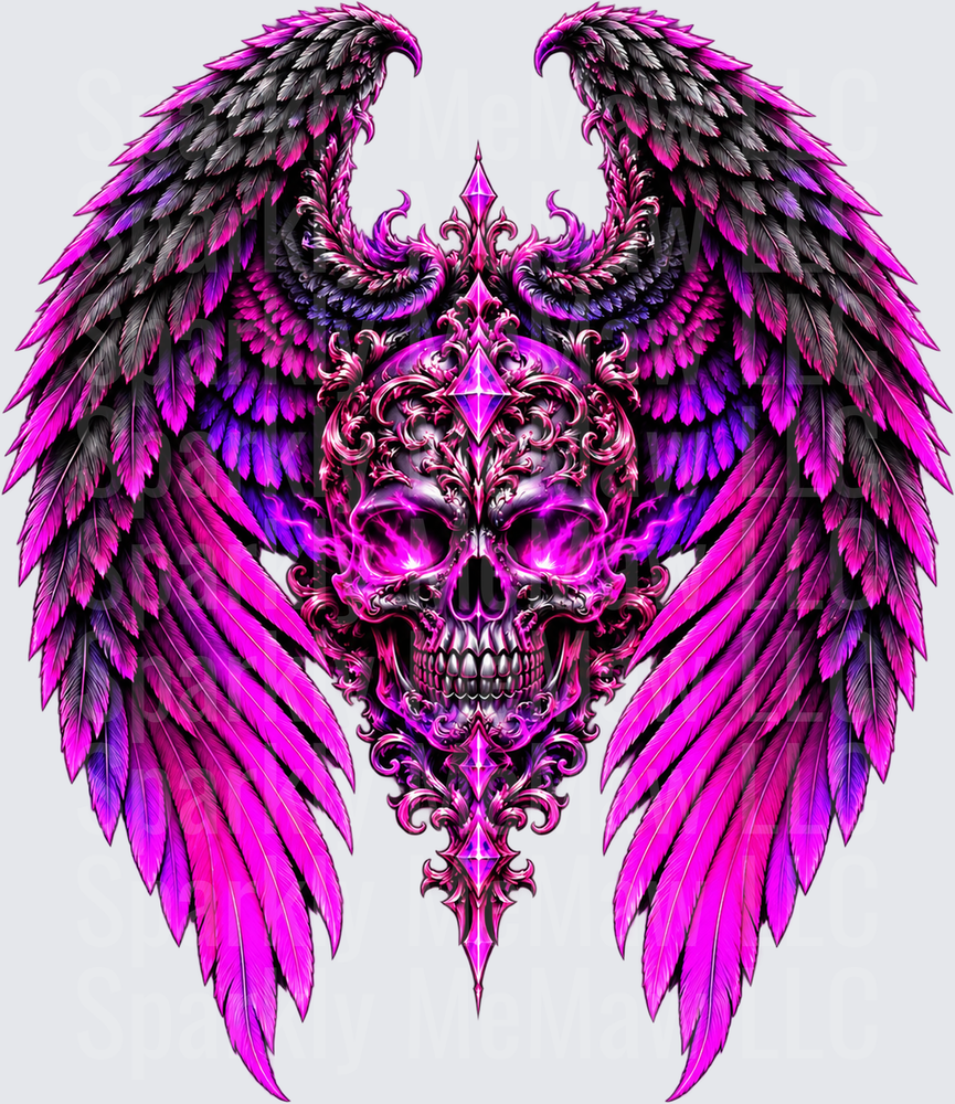 Baroque Skull Wings Pink this is a UV DTF DECAL (HARD SMOOTH SURFACE)