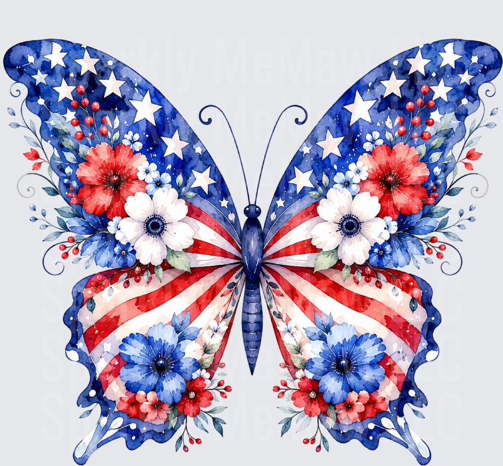 Patriotic Butterfly with Stars Stripes and Watercolor Flowers UV DTF Decal