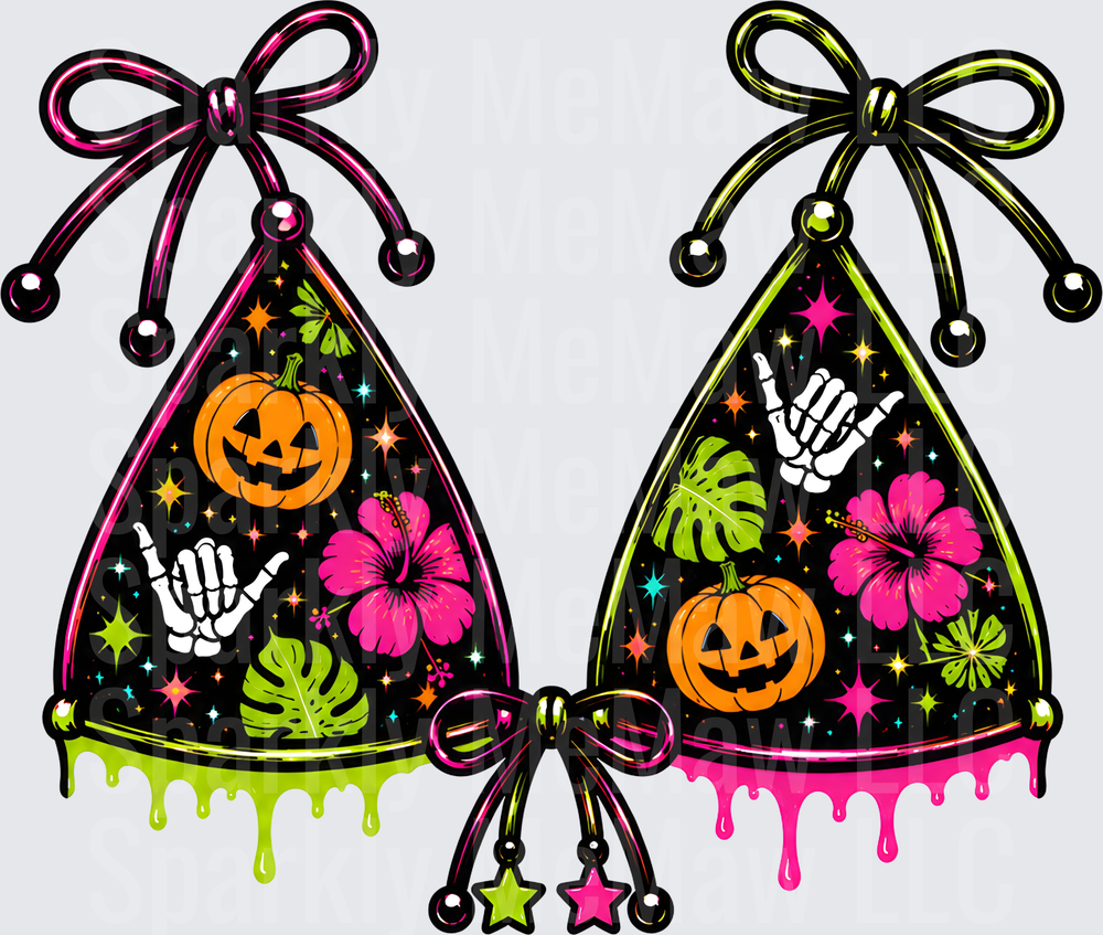 Halloween Tropical Bikini Top with Jack-o'-Lanterns Hibiscus Flowers and Shaka Hand Signs DTF Transfer for Fabric