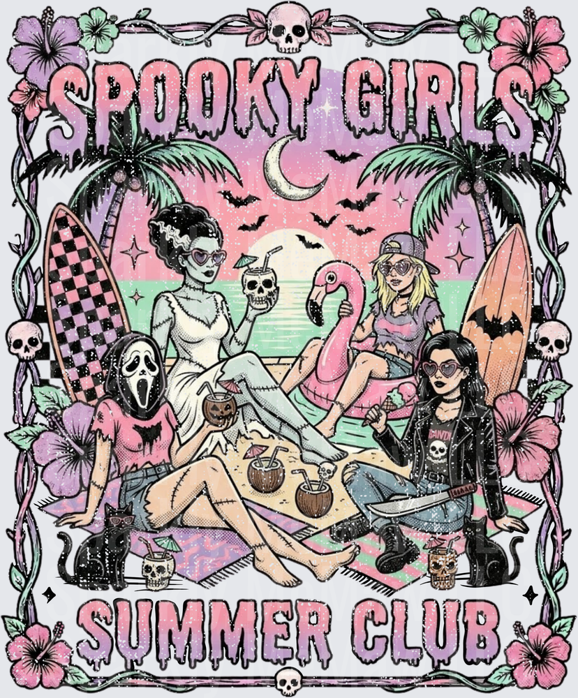 Spooky Girls Summer Club Horror Movie Characters Beach Scene UV DTF Decal