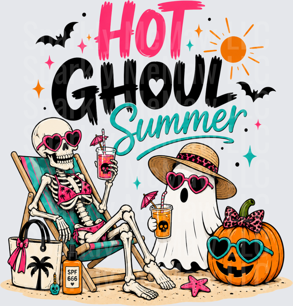 Hot Ghoul Summer Halloween Beach Scene with Skeleton and Ghost in Sunglasses DTF Transfer for Fabric