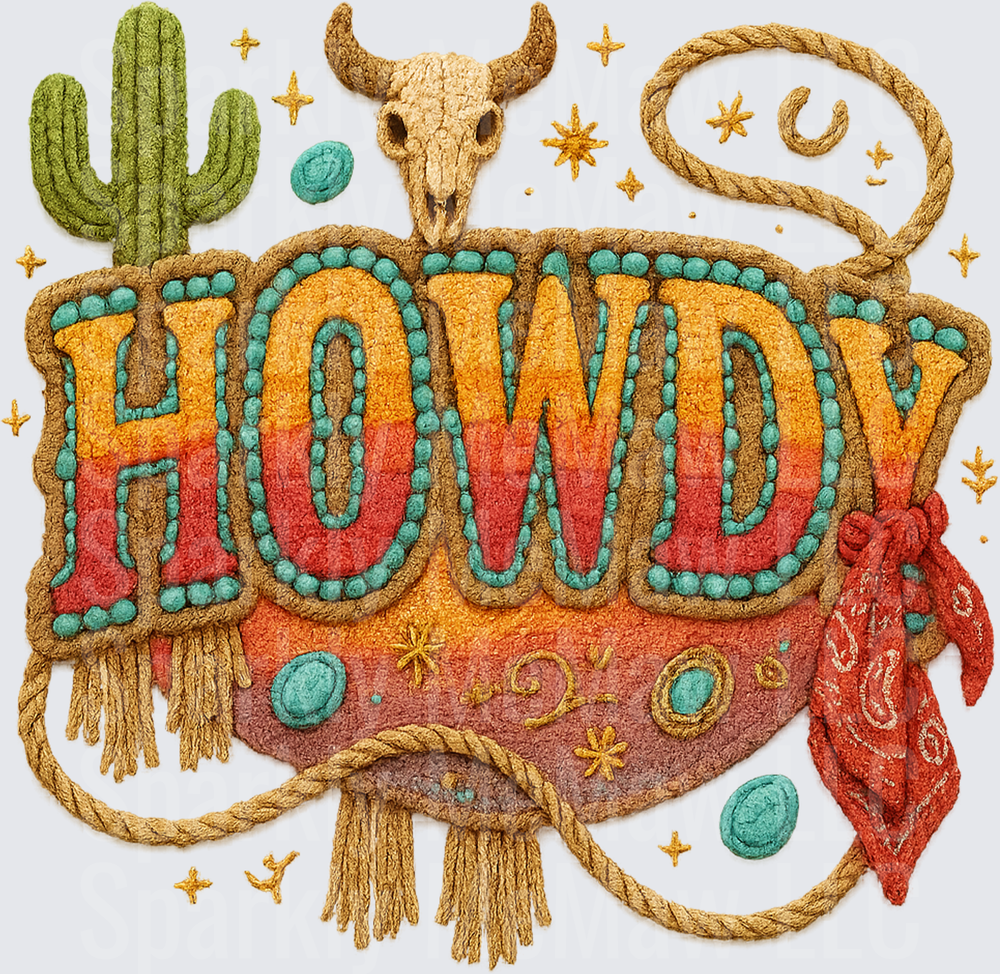 Howdy Western Embroidered Style UV DTF Decal with Bull Skull Cactus Lasso Turquoise Beads and Red Bandana Boho Cowboy Design