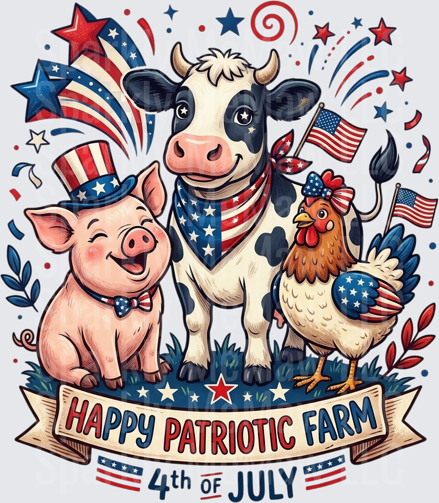 Patriotic Farm Animals 4th of July Celebration with Pig Cow and Chicken UV DTF Decal