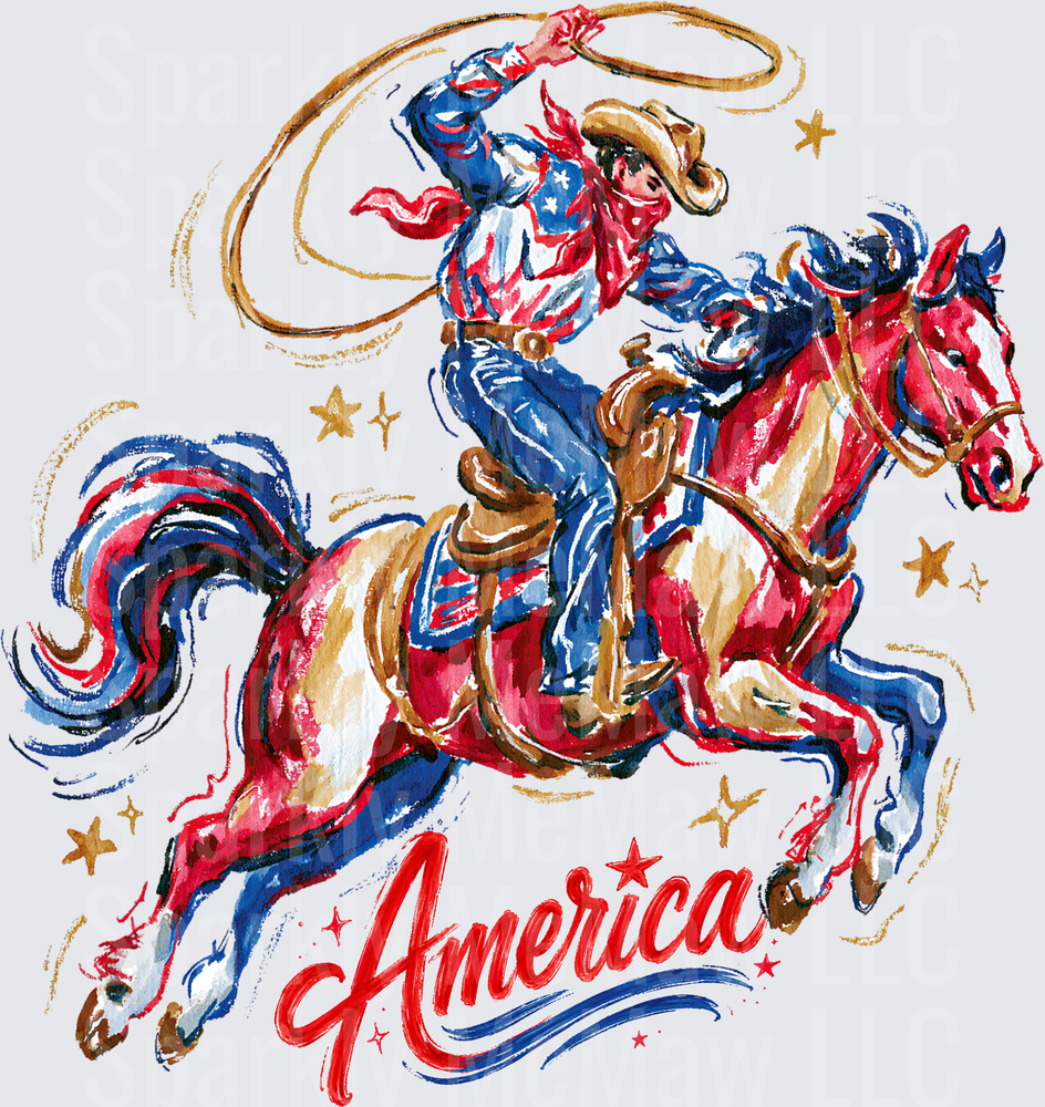 Patriotic Cowboy Rodeo Rider with Lasso Red White Blue America DTF Transfer for Fabric