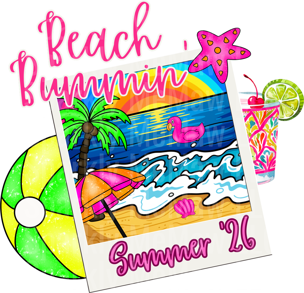 Beach Bunnin Summer 26 Polaroid Photo with Tropical Elements UV DTF Decal
