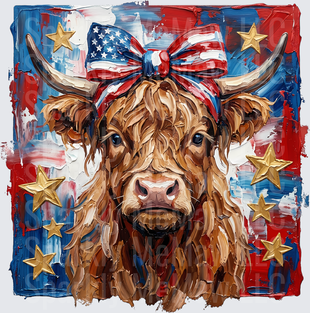 Highland Cow with American Flag Bow and Gold Stars Patriotic Design UV DTF Decal