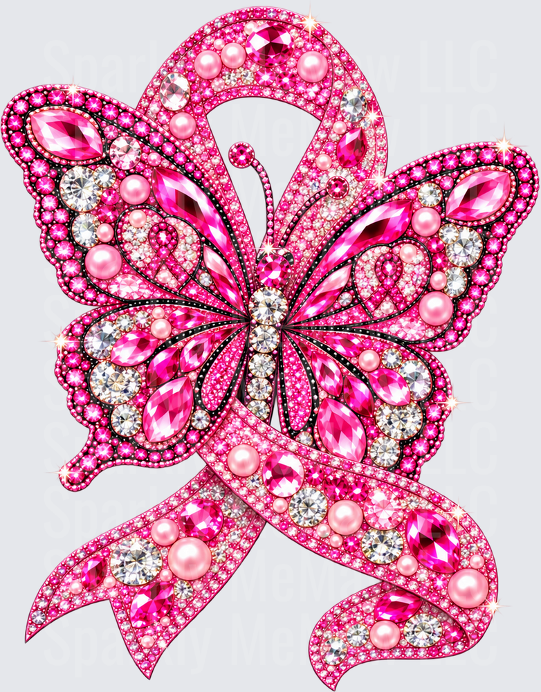 Rhinestone Butterfly Breast Cancer Ribbon UV DTF Decal