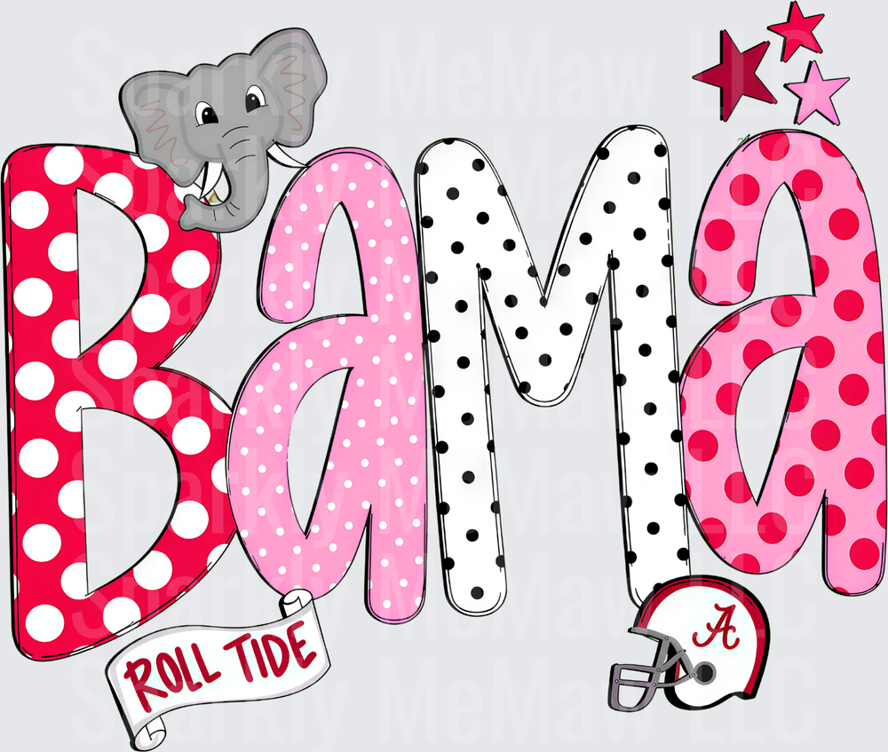 Bama Roll Tide Polka Dot Letters with Big Al Elephant and Football Helmet Stars UV DTF Decal