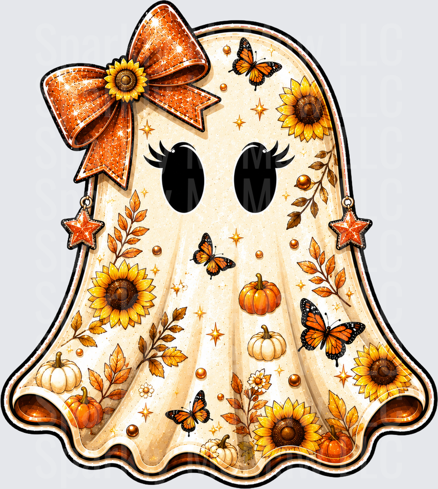 Autumn Fall Ghost with Orange Bow Sunflowers Pumpkins and Monarch Butterflies DTF Transfer