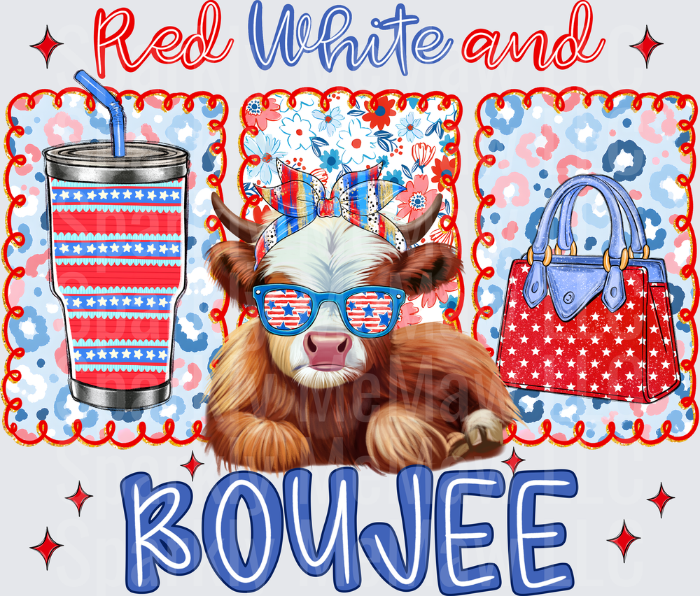 Red White and Boujee Patriotic Highland Cow with Sunglasses Stars and Stripes Tumbler and Handbag 4th of July DTF Transfer for Fabrics