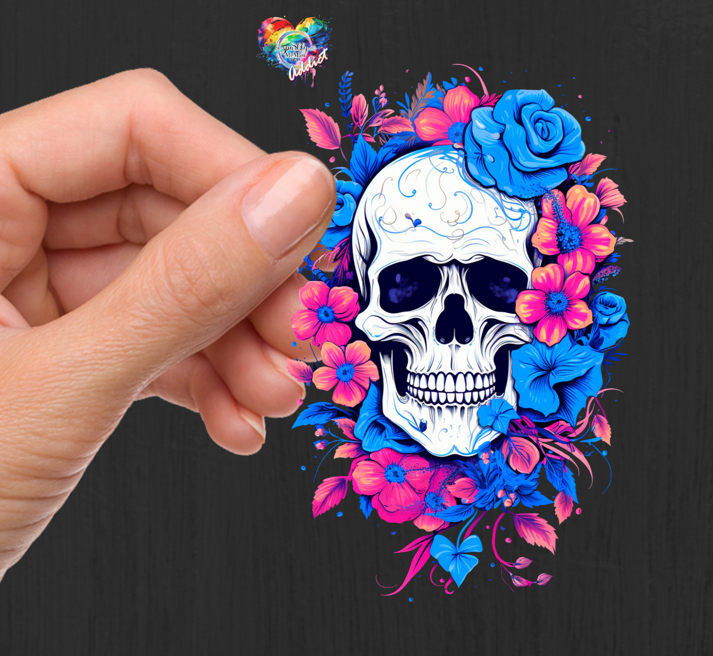 Skull with blue and Pink flowers UV 4 inch
