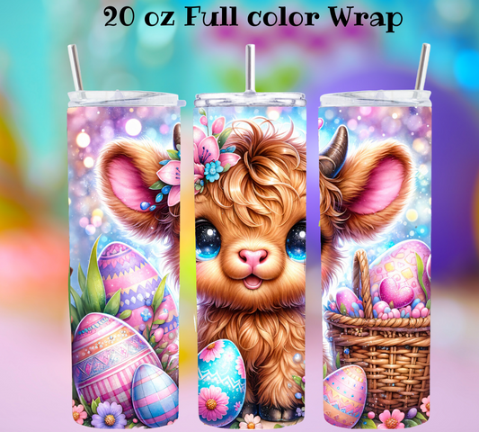 Highland Cow Easter 20 oz Tumbler UV DTF FULL Color Wrap