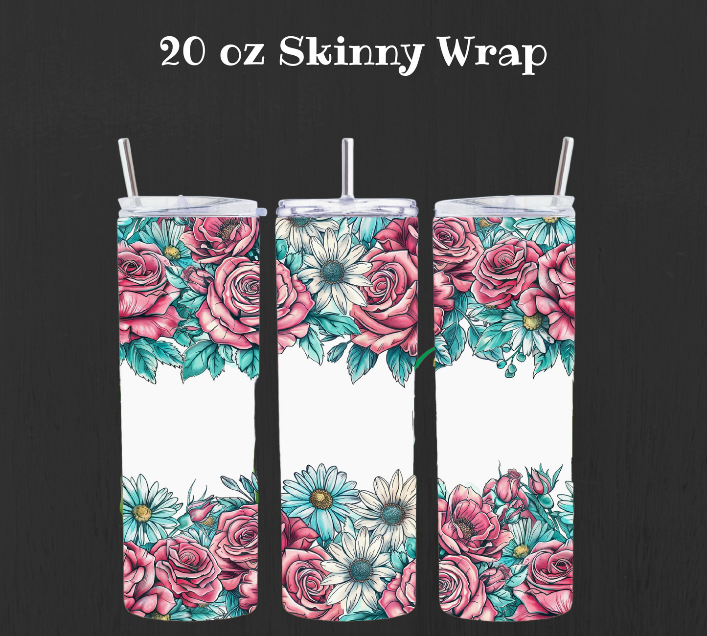 Turquoise and Pink Flower 20 oz Skinny UV DTF Wrap