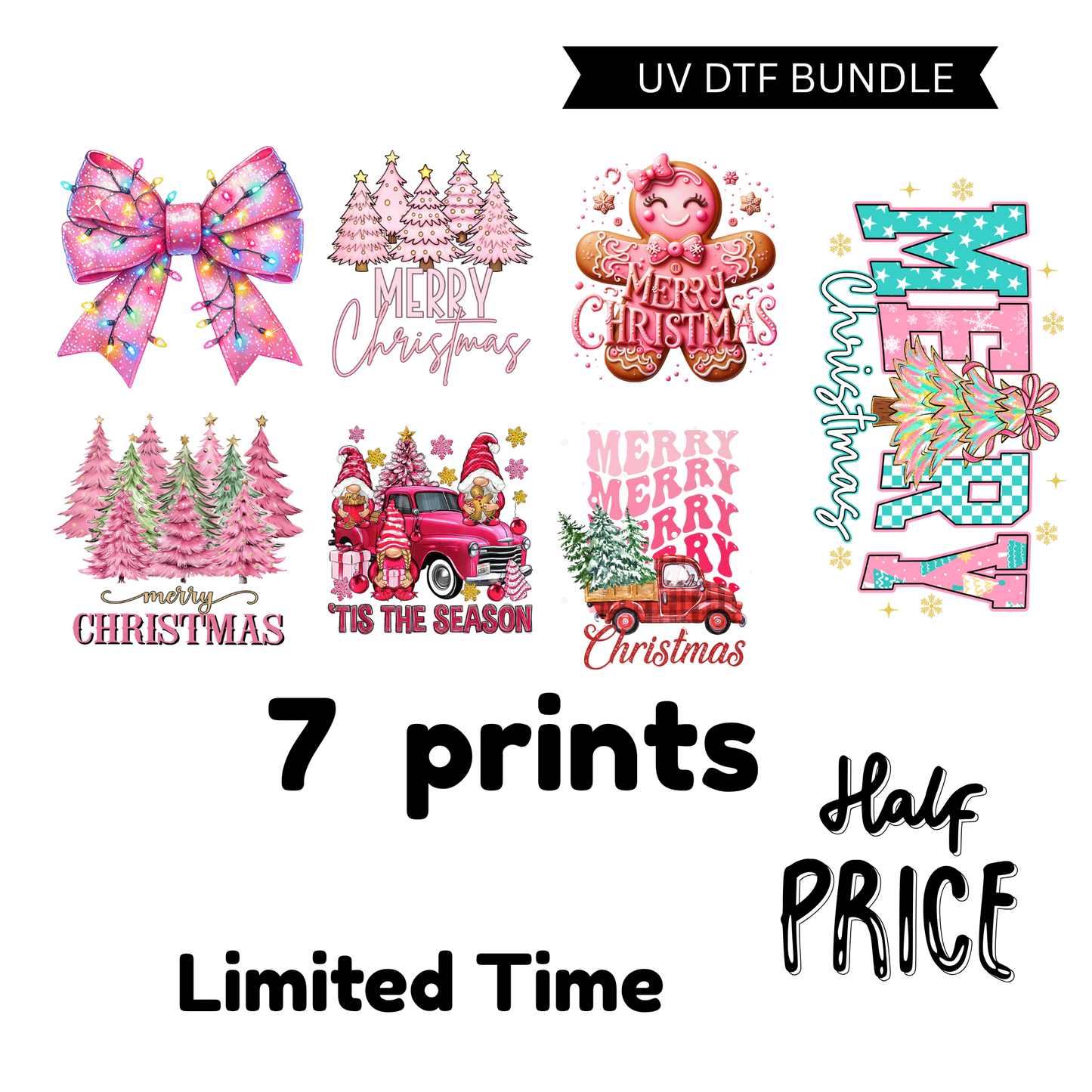 Pink Christmas UV DTF Bundle (all are 4 inches tall)