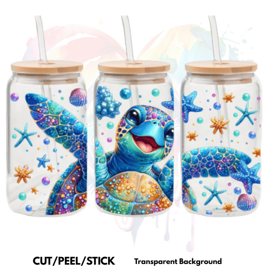 Under THE  Sea Turtle Glass  UV DTF 16 oz Wrap
