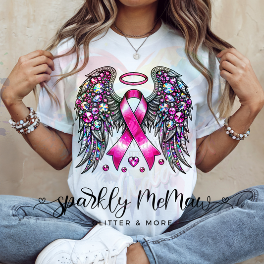 Angel Wings Pink Ribbon Ready to Press DTF Transfer (Fabrics only)