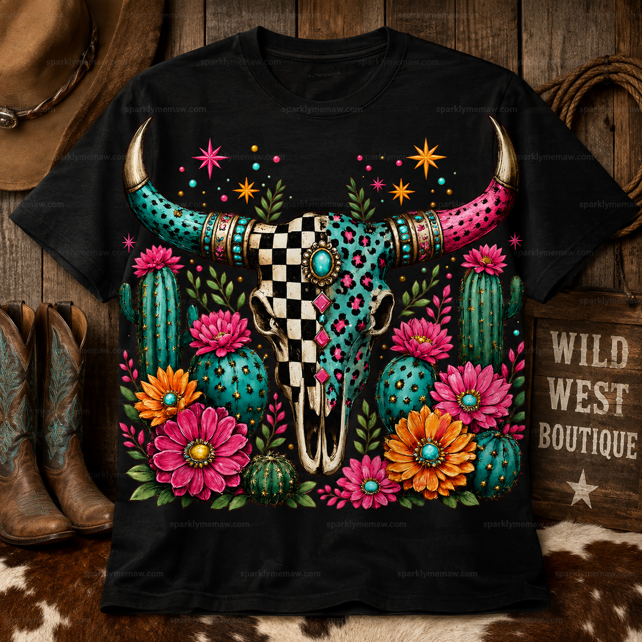 Boho Bull Skull Floral Cactus DTF Transfer