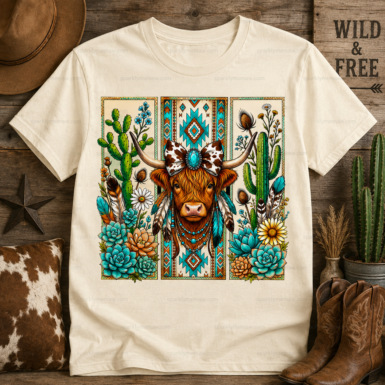 Boho Highland Cow Aztec Floral DTF Transfer
