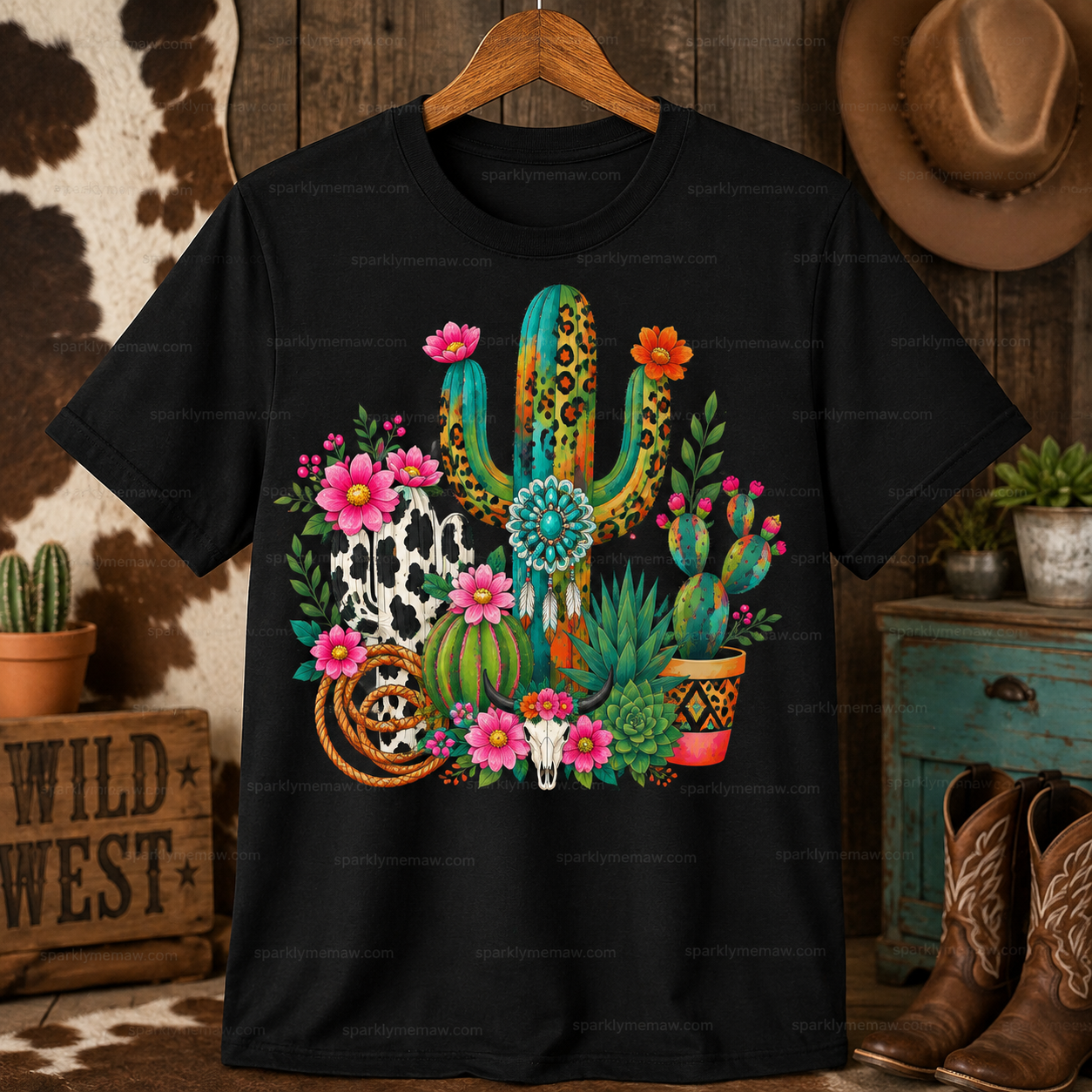 Boho Western Cactus Bull Skull DTF Transfer