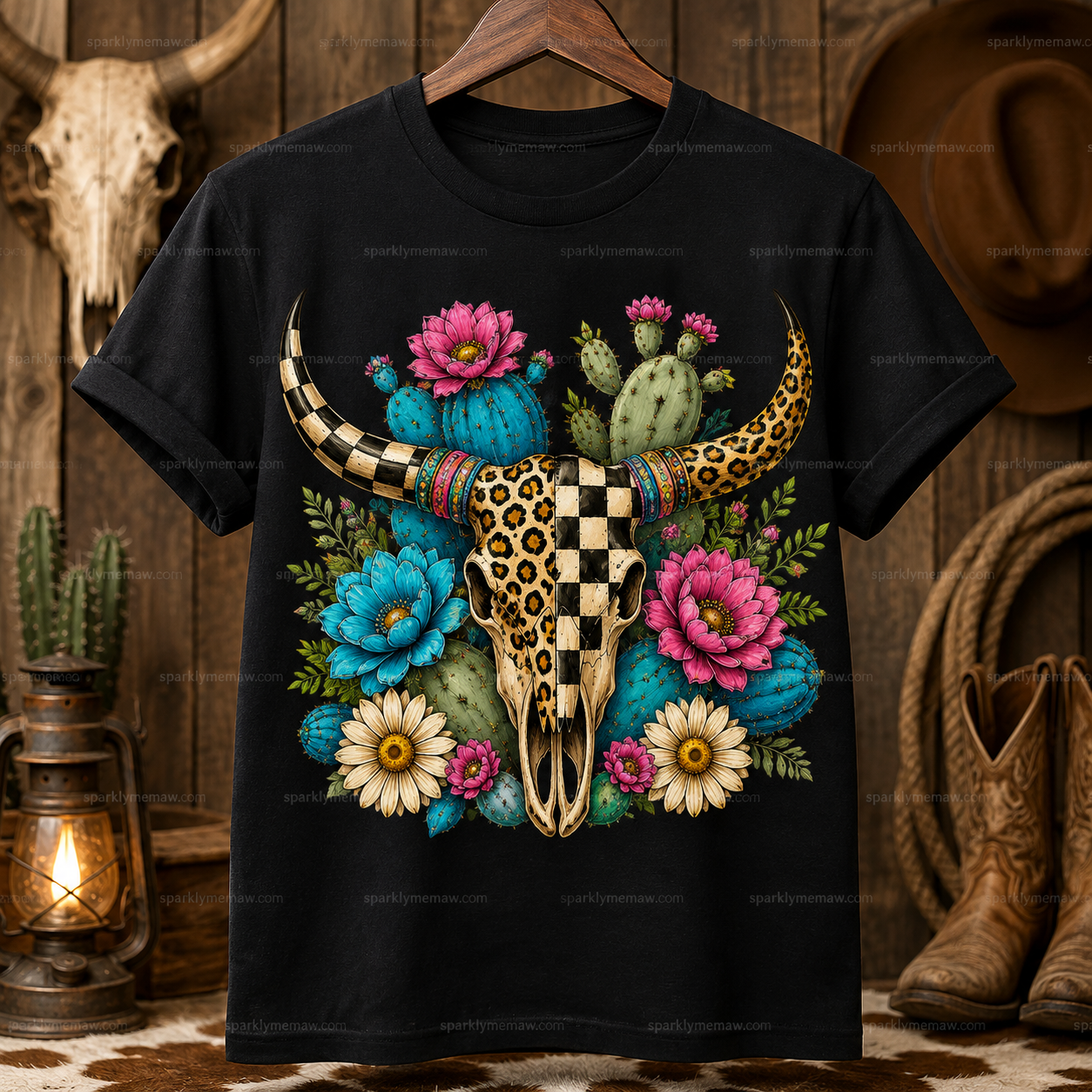 Leopard Checkered Boho Bull Skull DTF Transfer