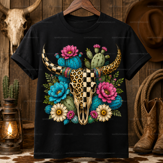 Leopard Checkered Boho Bull Skull DTF Transfer