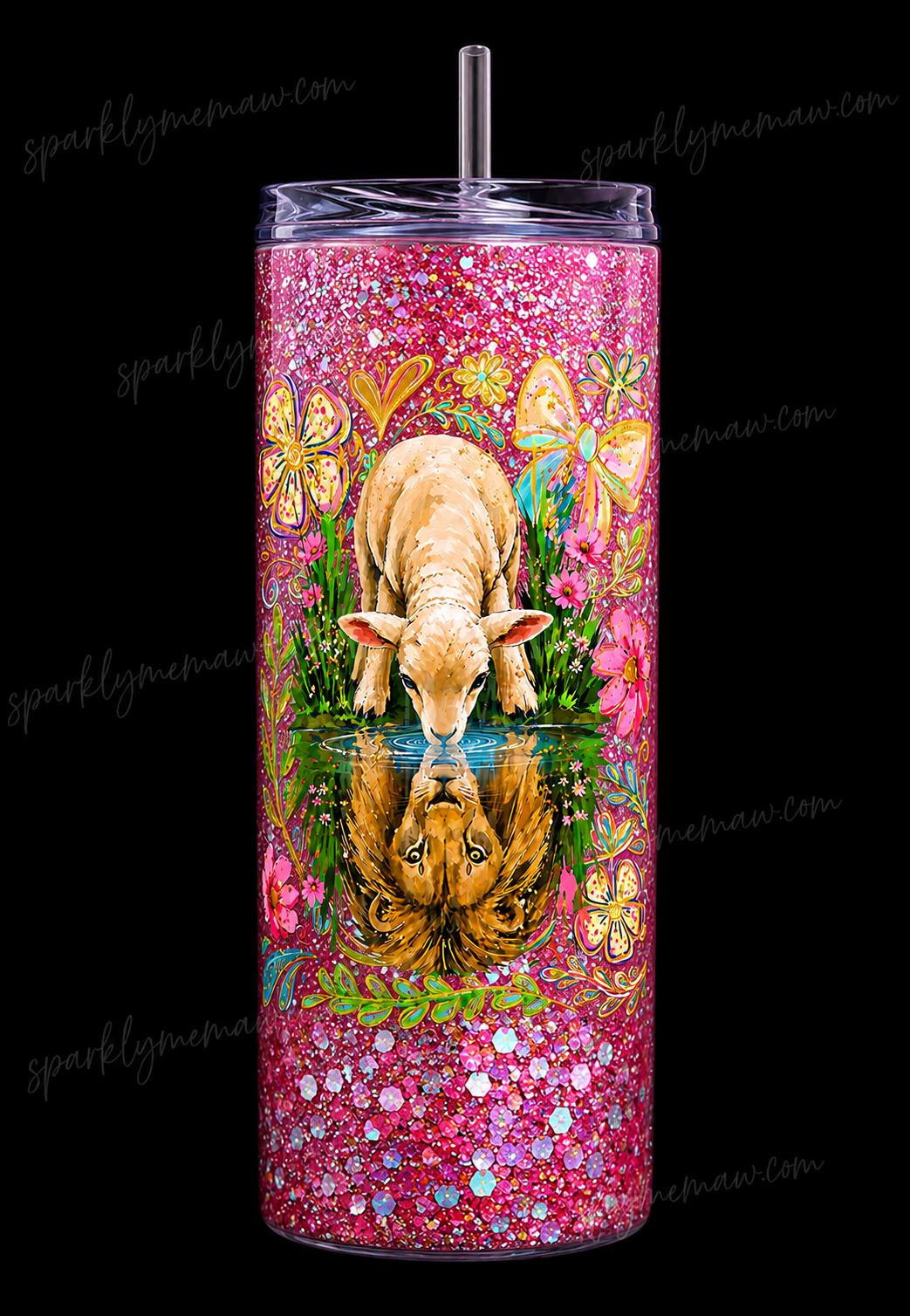 Lamb Drinking From Water Reflecting Lion Floral Boho Botanical UV DTF Decal