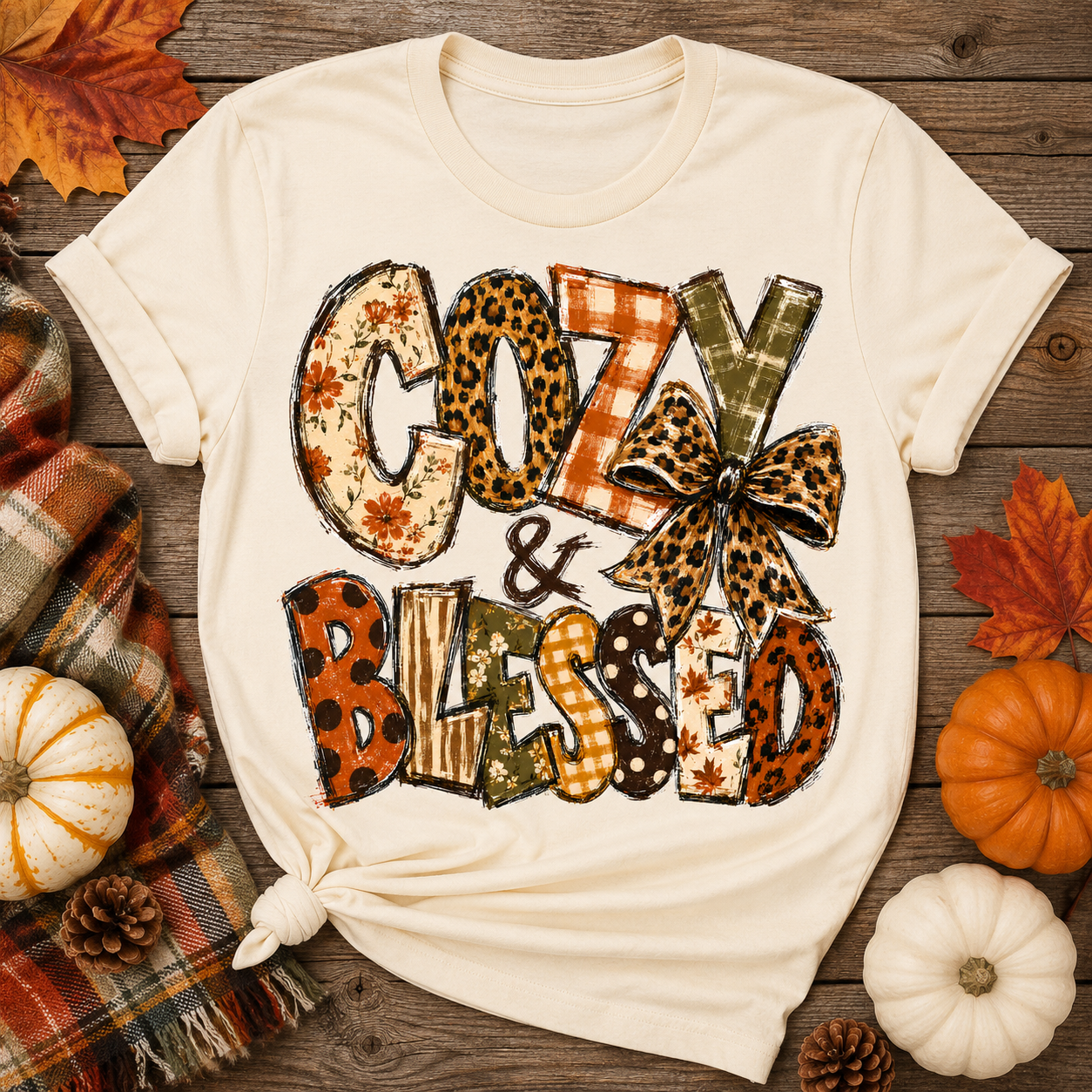 Cozy & Blessed Fall Patterned DTF Transfer for fabrics