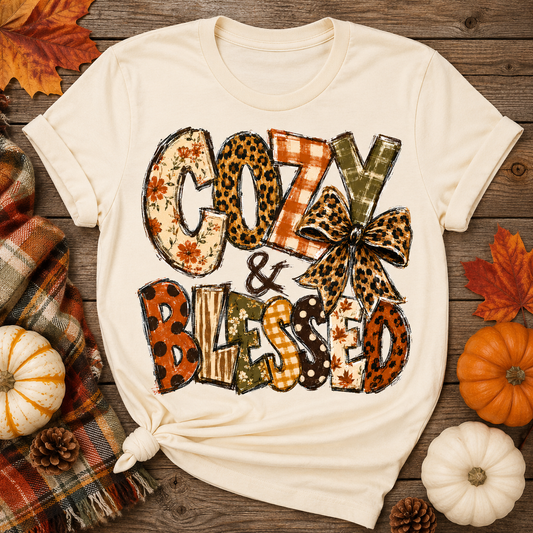 Cozy & Blessed Fall Patterned DTF Transfer for fabrics
