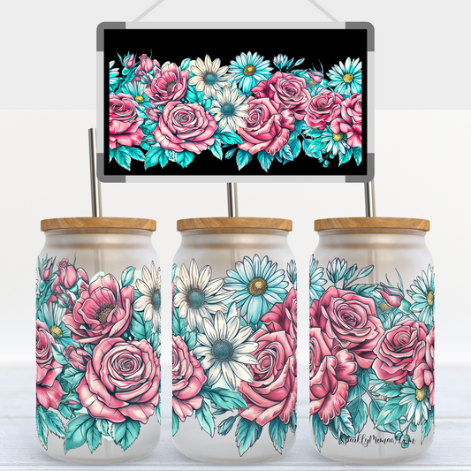 Pink and Turquoise Flowers Uv DTF Wrap