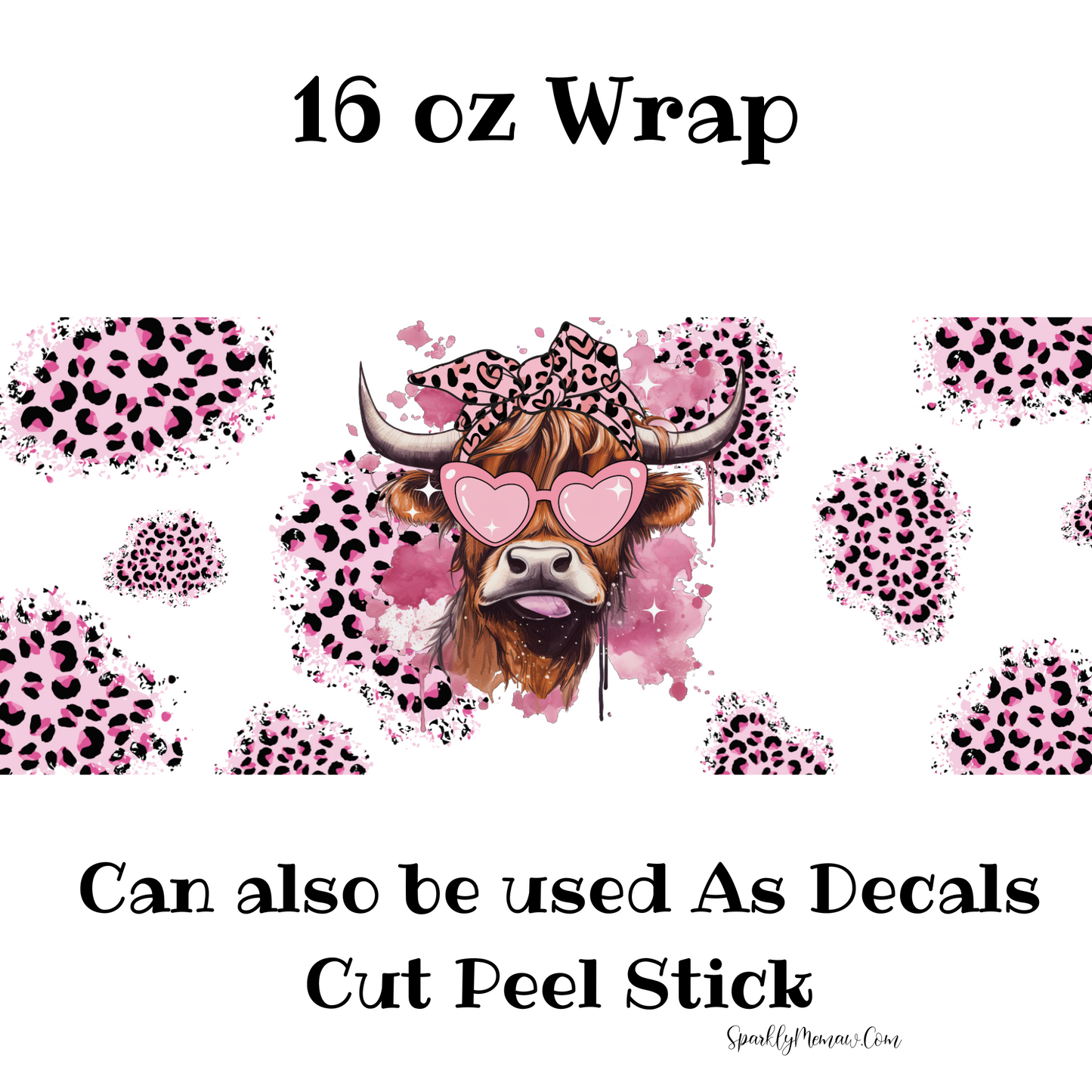 Pink Cheetah Highland Cow UV DTF Decal Set (wrap)