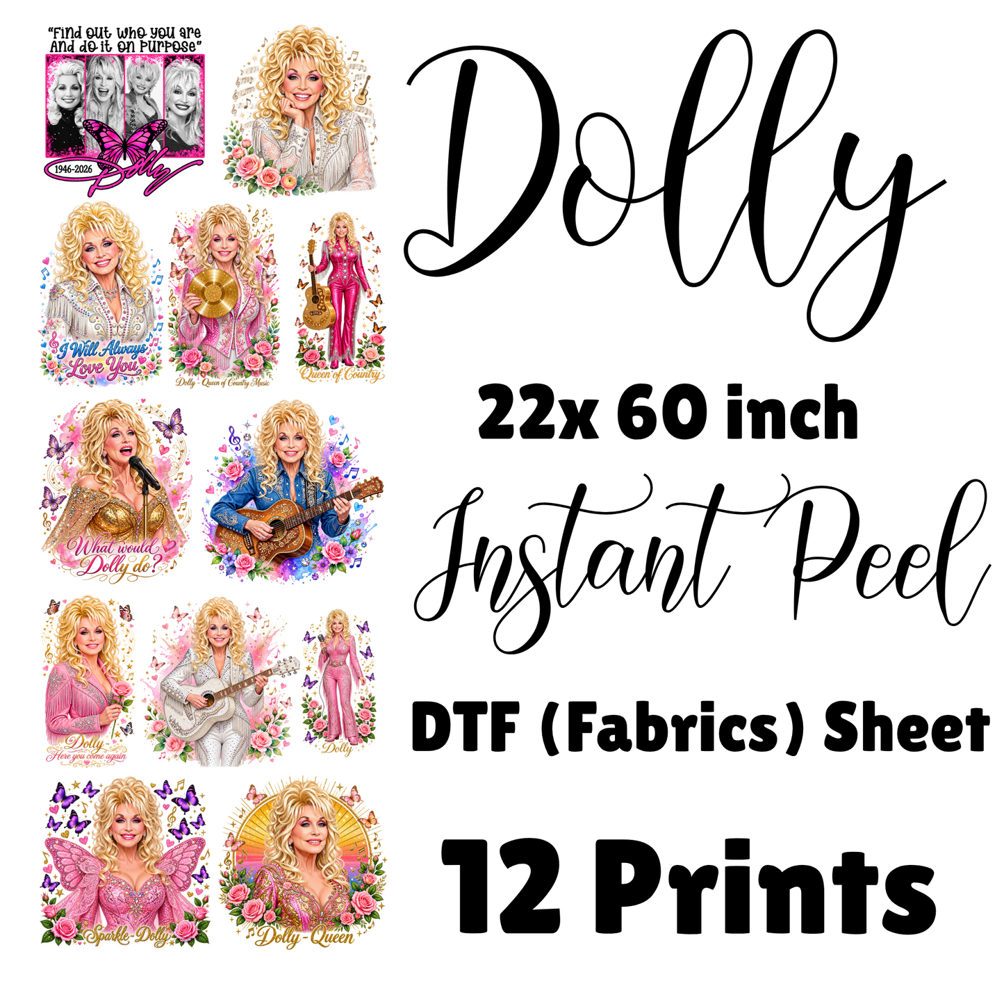 Dolly Tribute Pre Made DTF  Gang sheet (for fabrics)
