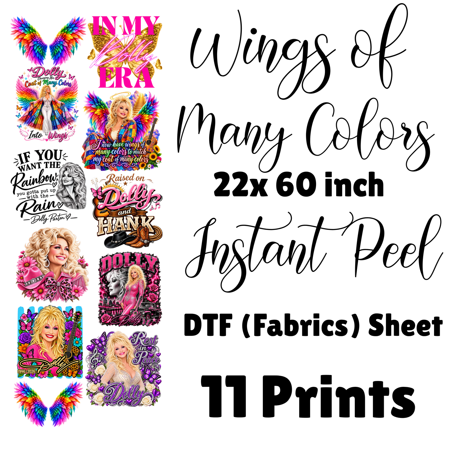 Wings of Many Colors Dolly 22x60 inch DTF (Fabrics) Gang sheet 11 full size