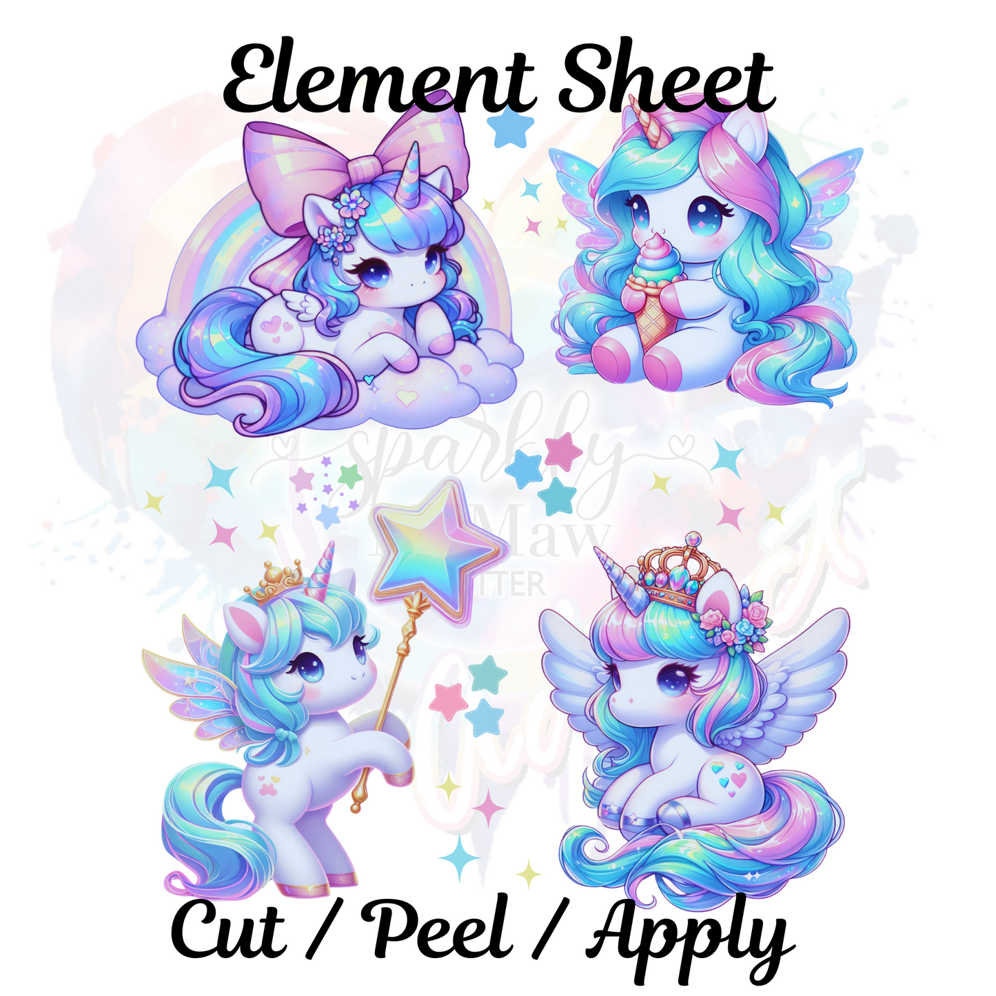 Rainbow Star Unicorn UV DTF Element Sheet 8x9 inches