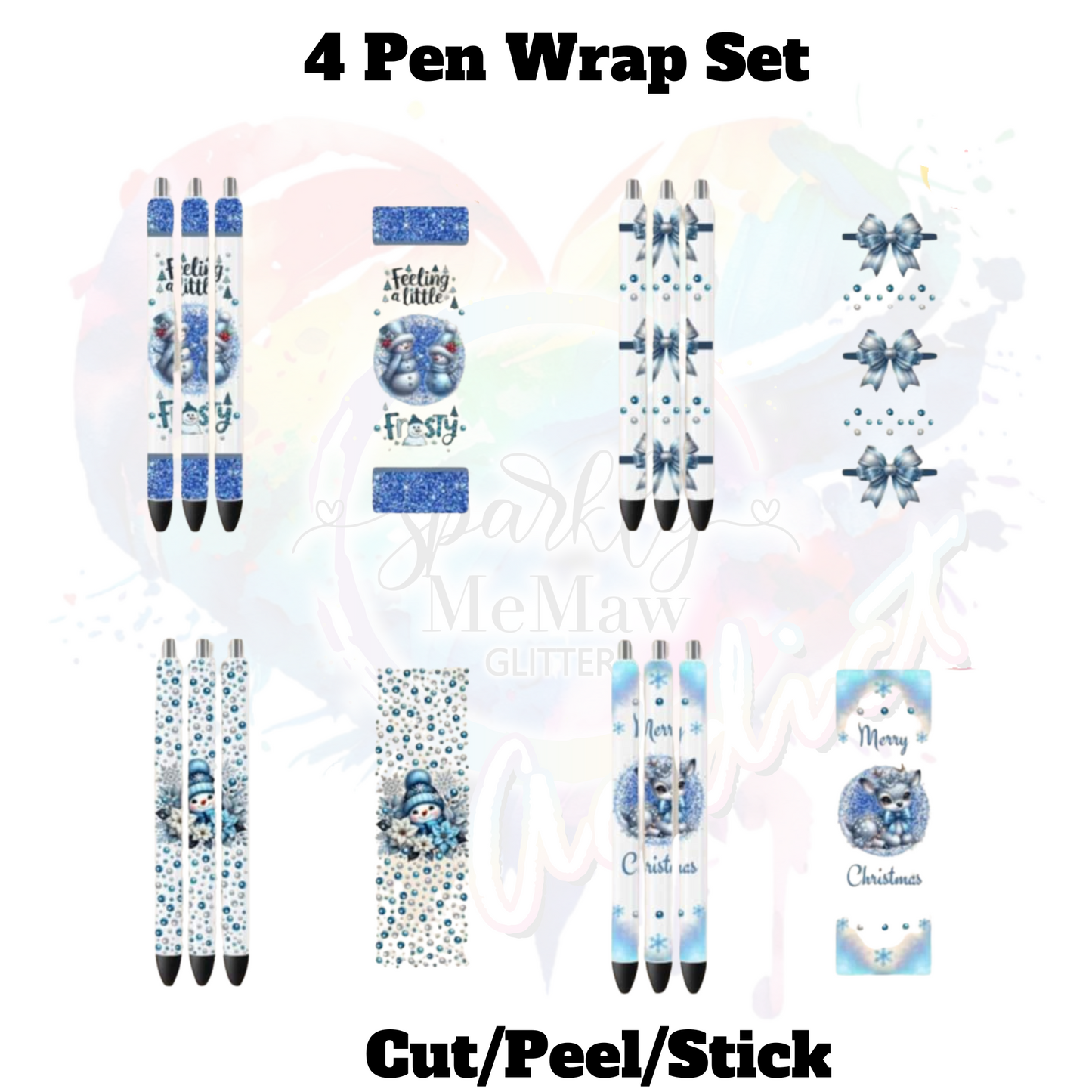 Blue Christmas Pen Wrap UV DTF Set (4 wraps)