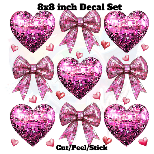 Pink Disco Heart Bow UV DTF Decal Set