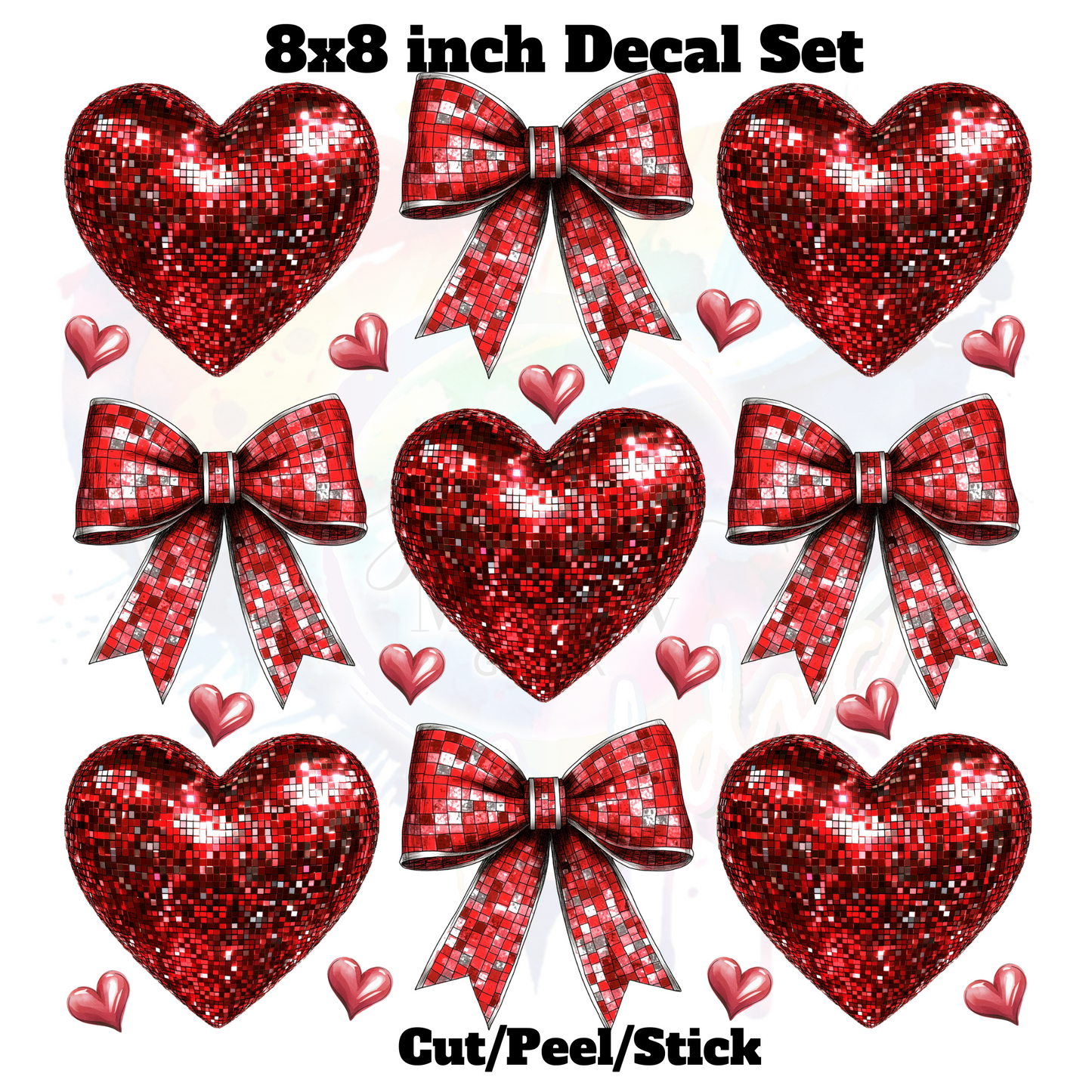 Red Disco Heart Bow UV DTF Decal Set