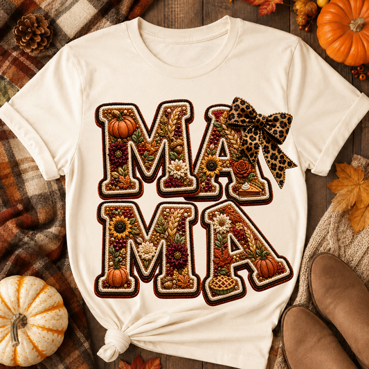 Fall Floral Embroidered Mama Leopard Bow DTF Transfer for fabrics