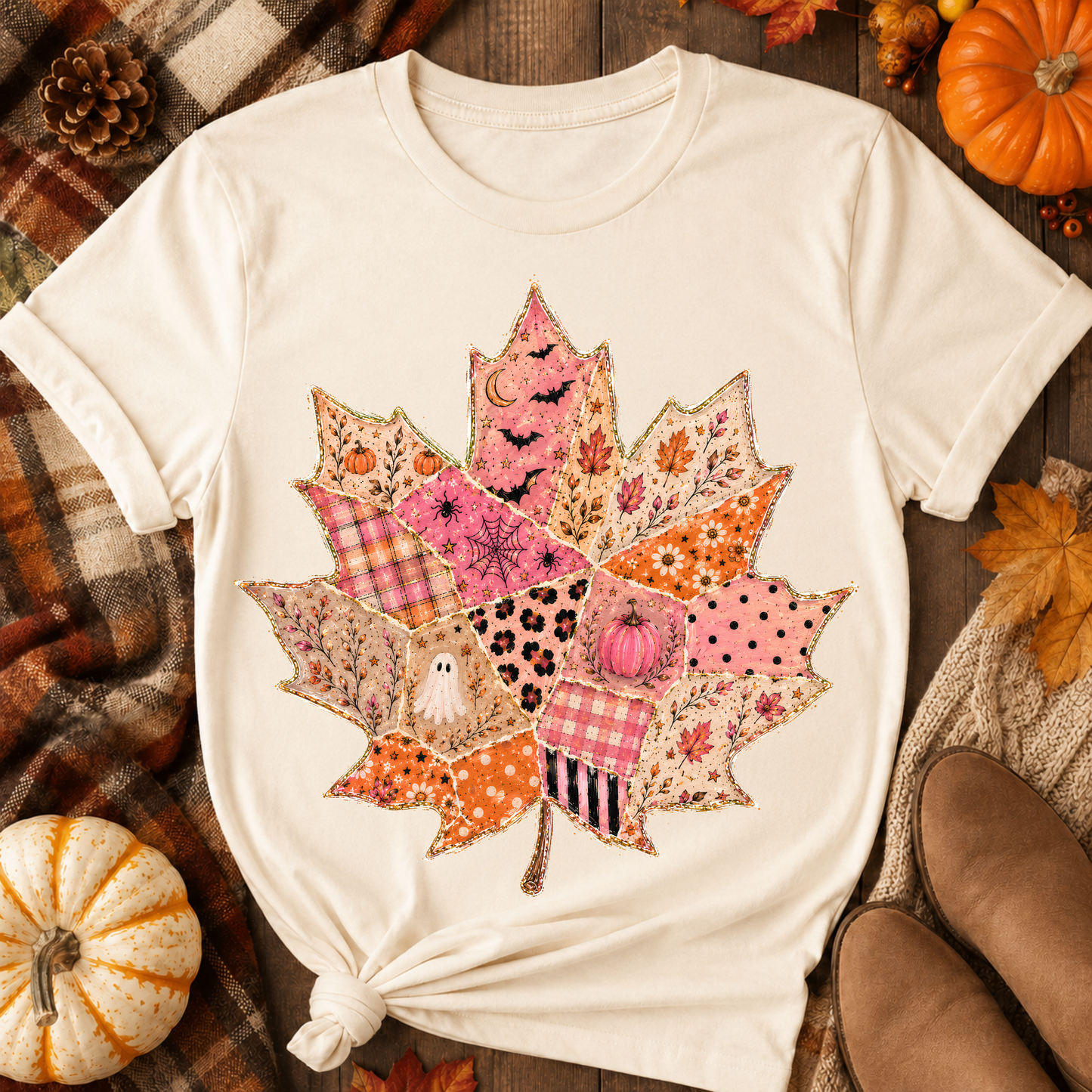 Pink Halloween Patchwork Maple Leaf DTF Transfer for fabrics
