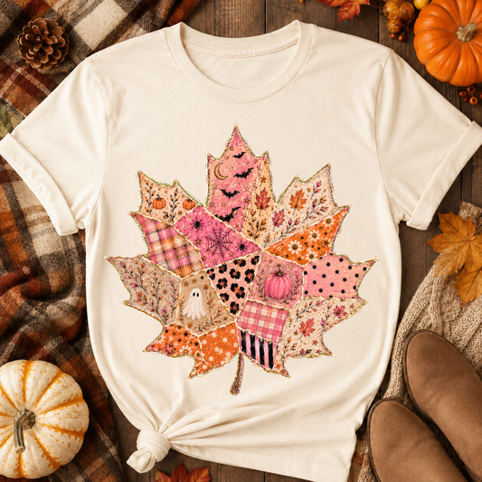 Pink Halloween Patchwork Maple Leaf DTF Transfer for fabrics