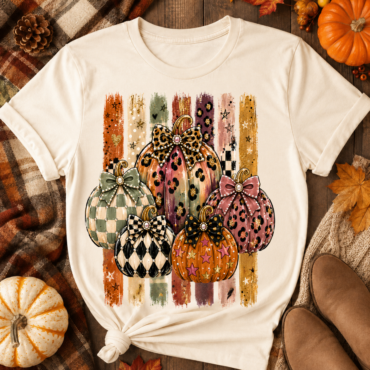 Fancy Patterned Pumpkins with Bows DTF Transfer for fabrics