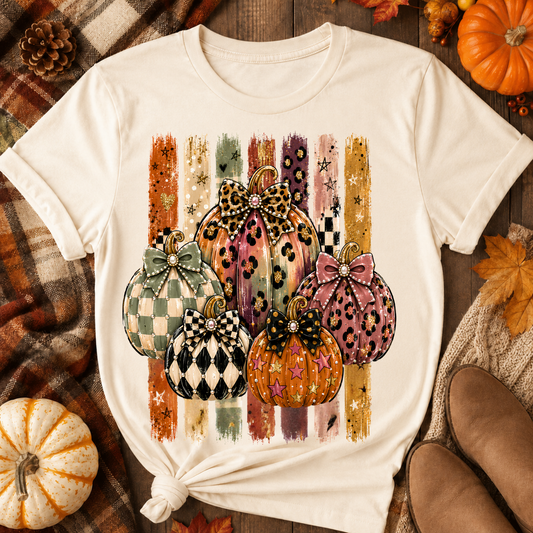 Fancy Patterned Pumpkins with Bows DTF Transfer for fabrics