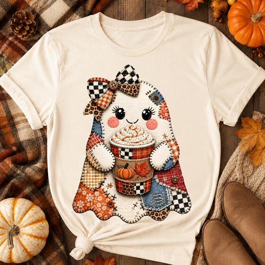 Patchwork Ghost Pumpkin Spice Latte DTF Transfer for fabrics