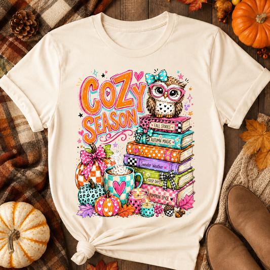 Cozy Season Owl Books Fall DTF Transfer for fabrics