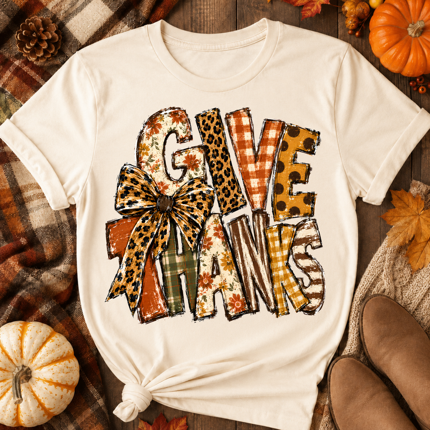 Give Thanks Mixed Pattern Leopard Bow DTF Transfer for fabrics