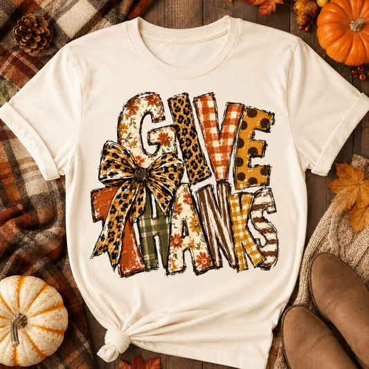 Give Thanks Mixed Pattern Leopard Bow DTF Transfer for fabrics