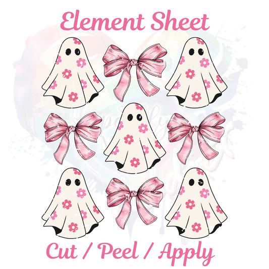 Retro Ghost Pink Bow UV DTF Element Decal Sheet 8x9 inches