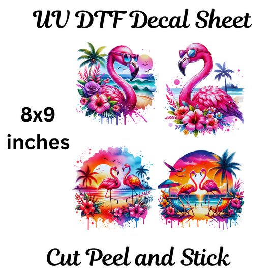 Flamingo Beach UV DTF Decal Sticker Sheet 8x9 inches