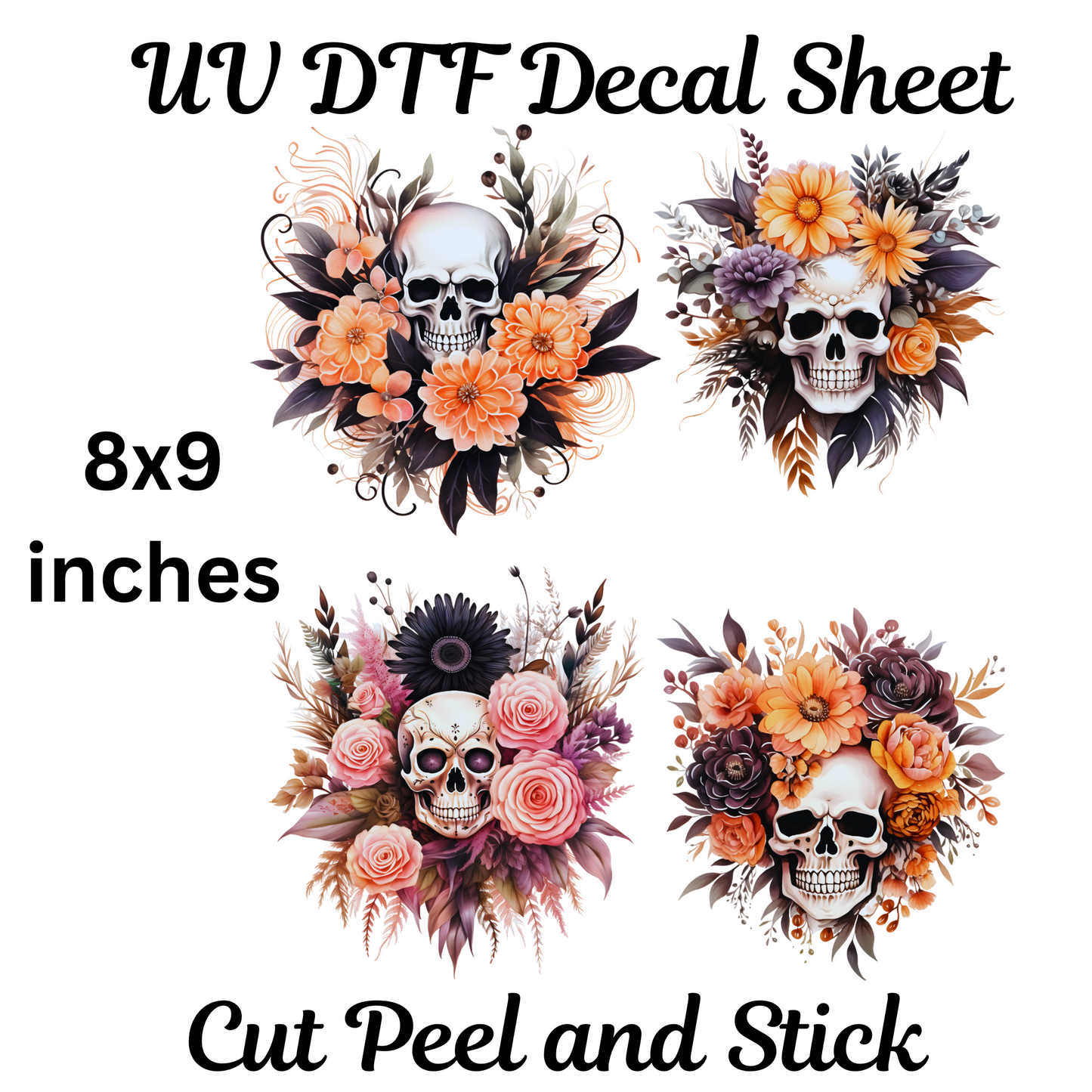Skulls and flowers UV DTF Decal Sticker sheet 8x9 inches